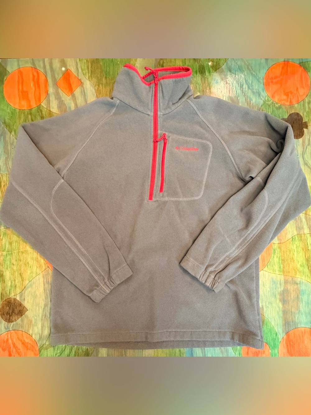 Columbia Boys Size 18/20 Youth Pullover 1/2 Zip Sweatshirt Media Pocket Gray Red